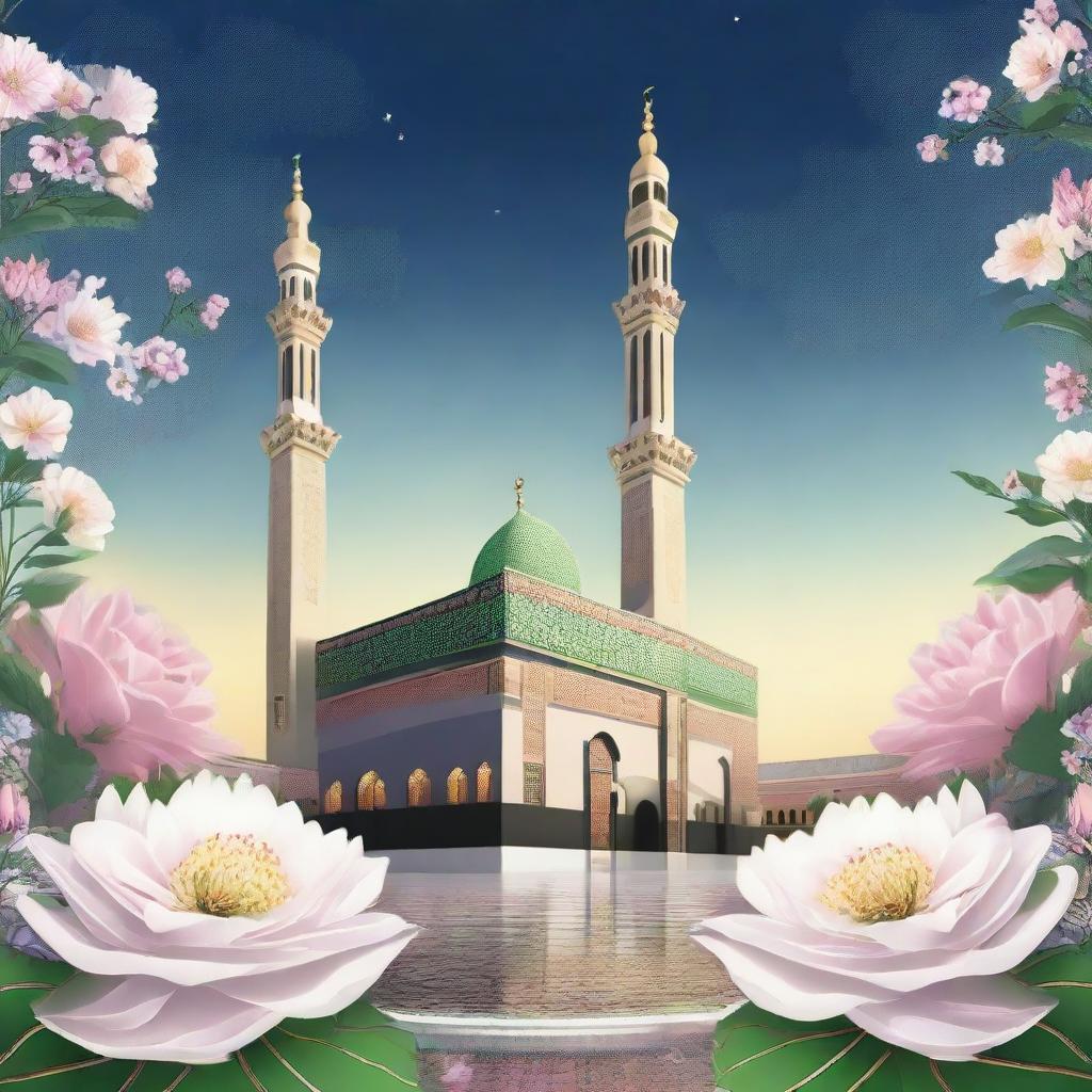 An artistic, high-detail illustration of the Holy Kaaba and the Nabawi Mosque, surrounded by delicate flowers with a backdrop of a twilight sky.