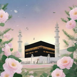 An artistic, high-detail illustration of the Holy Kaaba and the Nabawi Mosque, surrounded by delicate flowers with a backdrop of a twilight sky.