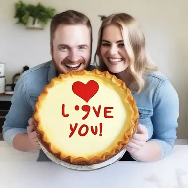 As a symbol of their love, Emily surprised her partner with a custard pie with the words 'I love you' written on top.