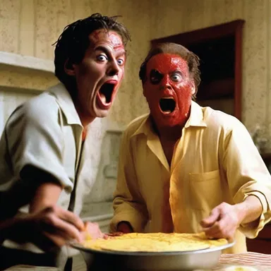 The horror movie scene climaxed with the antagonist throwing a custard pie at the unsuspecting victim, creating a shocking and terrifying moment.