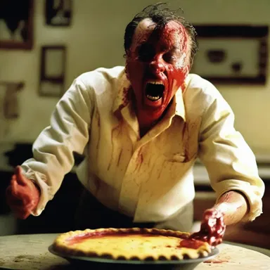 The horror movie scene climaxed with the antagonist throwing a custard pie at the unsuspecting victim, creating a shocking and terrifying moment.
