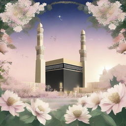 An artistic, high-detail illustration of the Holy Kaaba and the Nabawi Mosque, surrounded by delicate flowers with a backdrop of a twilight sky.