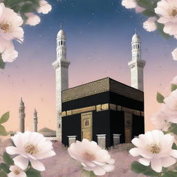 An artistic, high-detail illustration of the Holy Kaaba and the Nabawi Mosque, surrounded by delicate flowers with a backdrop of a twilight sky.