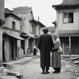 A 2D image featuring a heartbroken lover in a neighborhood from the Ottoman Empire era. Portray people in the background going about their normal daily activities, creating a lively contrast to the lover's melancholy.