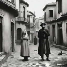 A 2D image featuring a heartbroken lover in a neighborhood from the Ottoman Empire era. Portray people in the background going about their normal daily activities, creating a lively contrast to the lover's melancholy.