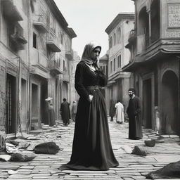 A 2D image featuring a heartbroken lover in a neighborhood from the Ottoman Empire era. Portray people in the background going about their normal daily activities, creating a lively contrast to the lover's melancholy.