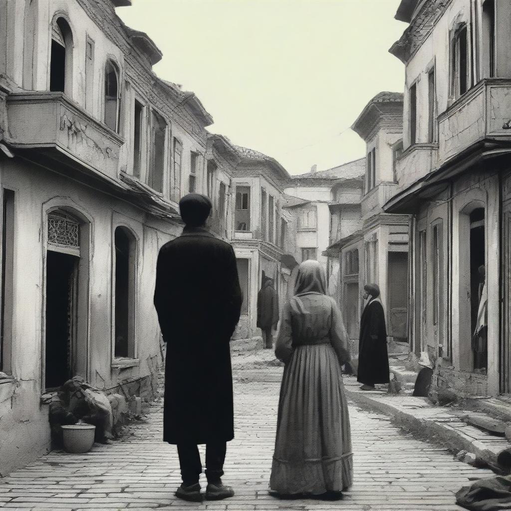 A 2D image featuring a heartbroken lover in a neighborhood from the Ottoman Empire era. Portray people in the background going about their normal daily activities, creating a lively contrast to the lover's melancholy.