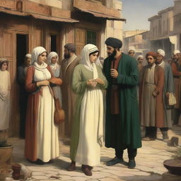 A 2D artwork of a heartbroken lover in a bustling neighborhood scene from the Ottoman Empire era, with people engaging in typical daily activities in the background, casually oblivious to the lover's sorrow.