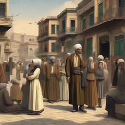 A 2D artwork of a heartbroken lover in a bustling neighborhood scene from the Ottoman Empire era, with people engaging in typical daily activities in the background, casually oblivious to the lover's sorrow.