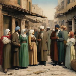 A 2D artwork of a heartbroken lover in a bustling neighborhood scene from the Ottoman Empire era, with people engaging in typical daily activities in the background, casually oblivious to the lover's sorrow.
