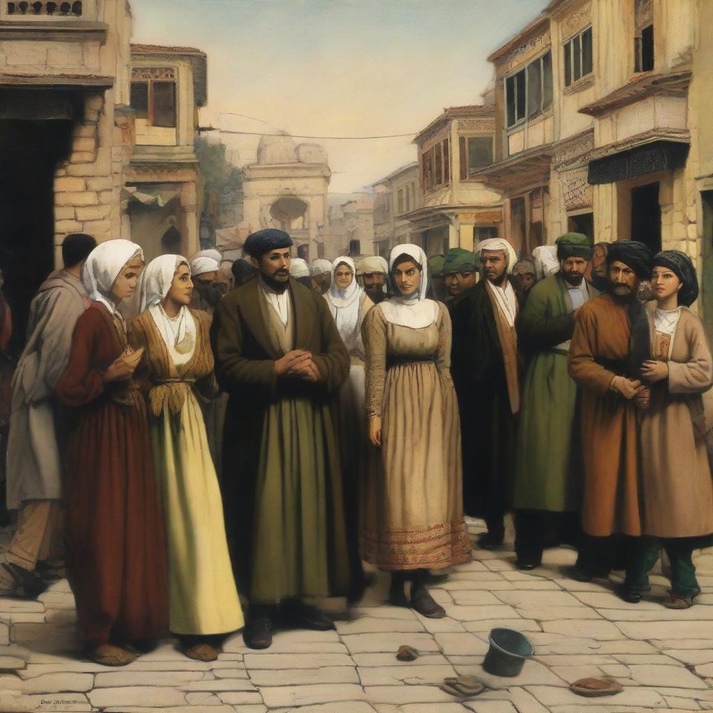 A 2D artwork of a heartbroken lover in a bustling neighborhood scene from the Ottoman Empire era, with people engaging in typical daily activities in the background, casually oblivious to the lover's sorrow.