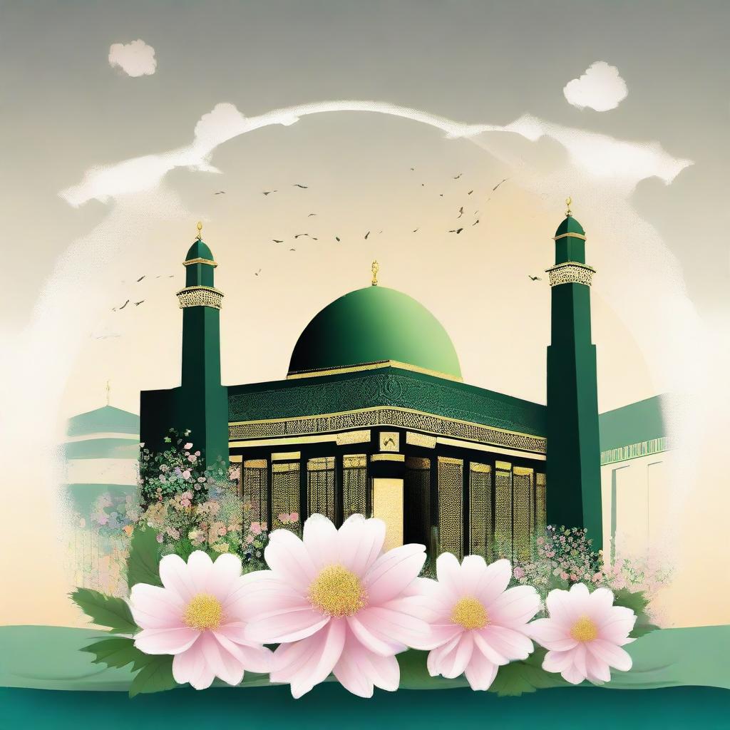 An illustration depicting the Holy Kaaba and the Nabawi Mosque prominently in front. Delicate flowers are artistically placed behind the Holy Kaaba, all set against a backdrop of a serene sky.