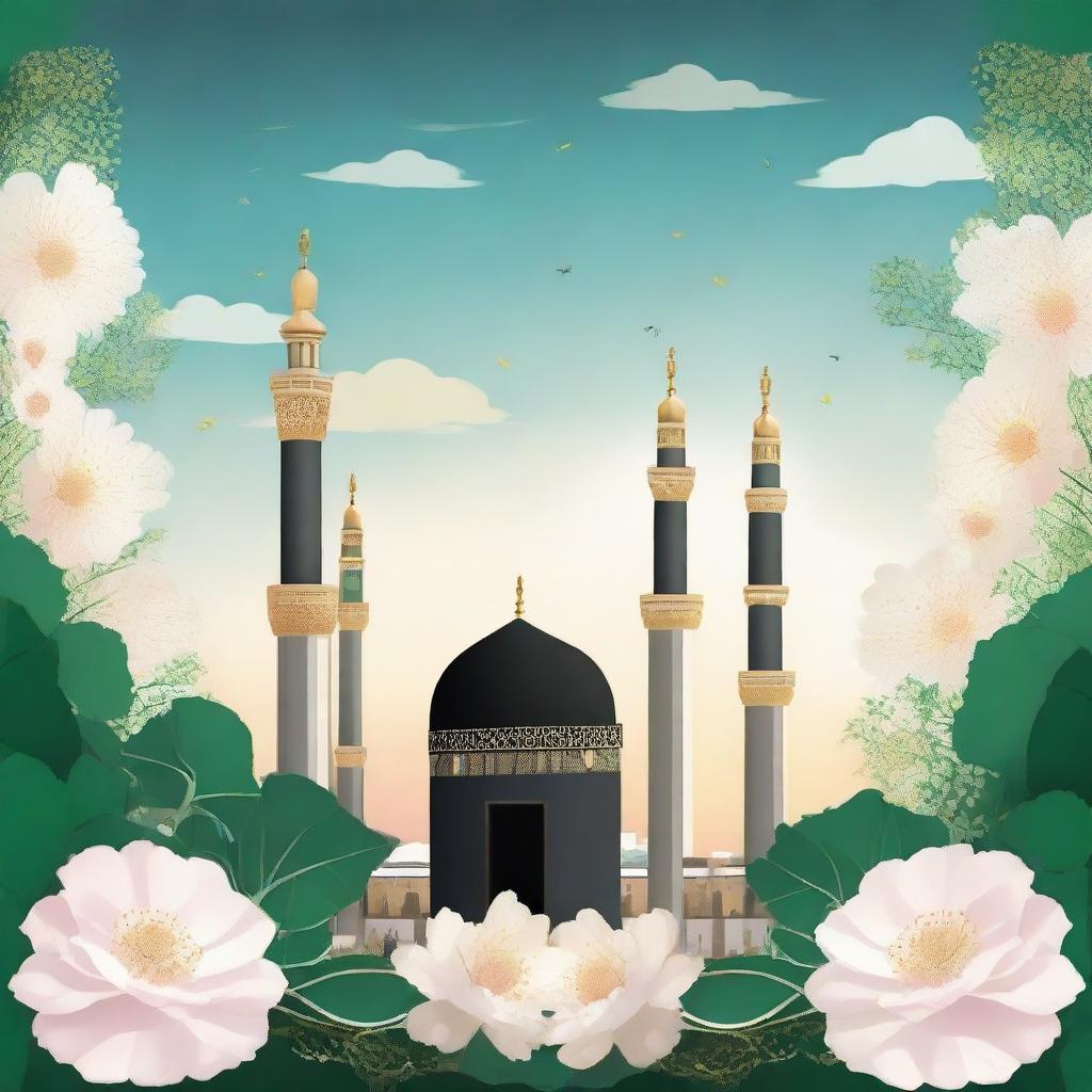 An illustration depicting the Holy Kaaba and the Nabawi Mosque prominently in front. Delicate flowers are artistically placed behind the Holy Kaaba, all set against a backdrop of a serene sky.