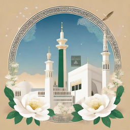 An illustration depicting the Holy Kaaba and the Nabawi Mosque prominently in front. Delicate flowers are artistically placed behind the Holy Kaaba, all set against a backdrop of a serene sky.