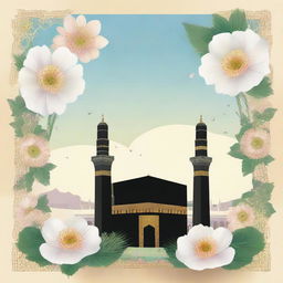 An illustration depicting the Holy Kaaba and the Nabawi Mosque prominently in front. Delicate flowers are artistically placed behind the Holy Kaaba, all set against a backdrop of a serene sky.