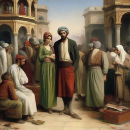 A 2D artistic depiction of a heartbroken lover amidst the backdrop of the bustling Ottoman Empire, surrounding by individuals going about their day-to-day activities, indifferent to the lover's personal anguish.