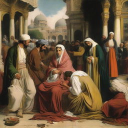 A 2D artistic depiction of a heartbroken lover amidst the backdrop of the bustling Ottoman Empire, surrounding by individuals going about their day-to-day activities, indifferent to the lover's personal anguish.