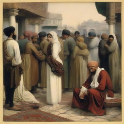 A 2D artistic depiction of a heartbroken lover amidst the backdrop of the bustling Ottoman Empire, surrounding by individuals going about their day-to-day activities, indifferent to the lover's personal anguish.