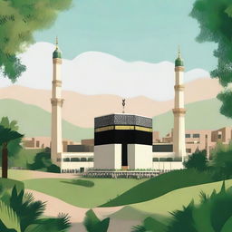 A striking illustration featuring the Holy Kaaba and Nabawi Mosque in the foreground, nestled in the heart of a natural, lush environment in the backdrop, both offset by a calming sky.