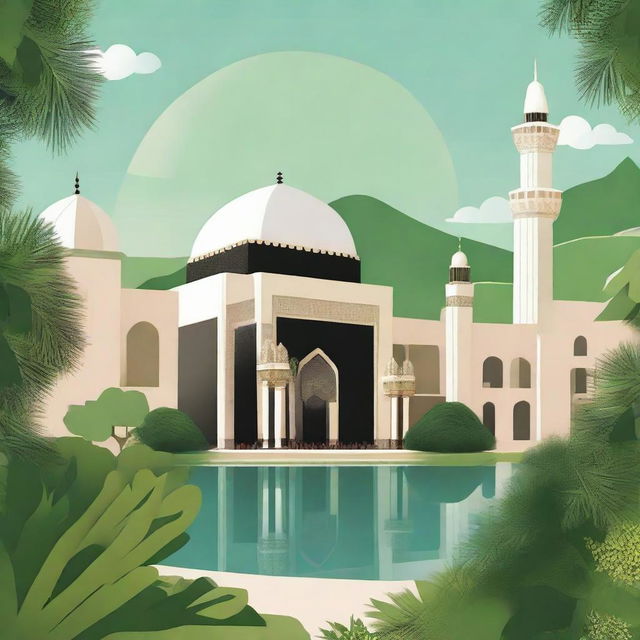 A striking illustration featuring the Holy Kaaba and Nabawi Mosque in the foreground, nestled in the heart of a natural, lush environment in the backdrop, both offset by a calming sky.