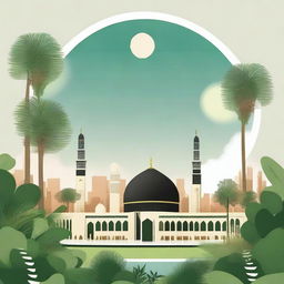 A striking illustration featuring the Holy Kaaba and Nabawi Mosque in the foreground, nestled in the heart of a natural, lush environment in the backdrop, both offset by a calming sky.