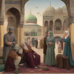 A 2D artistic representation of a heartbroken lover in an Ottoman Empire setting, complete with people engaged in normal activities. Include richly detailed Ottoman art and architecture in the background to reflect the era.