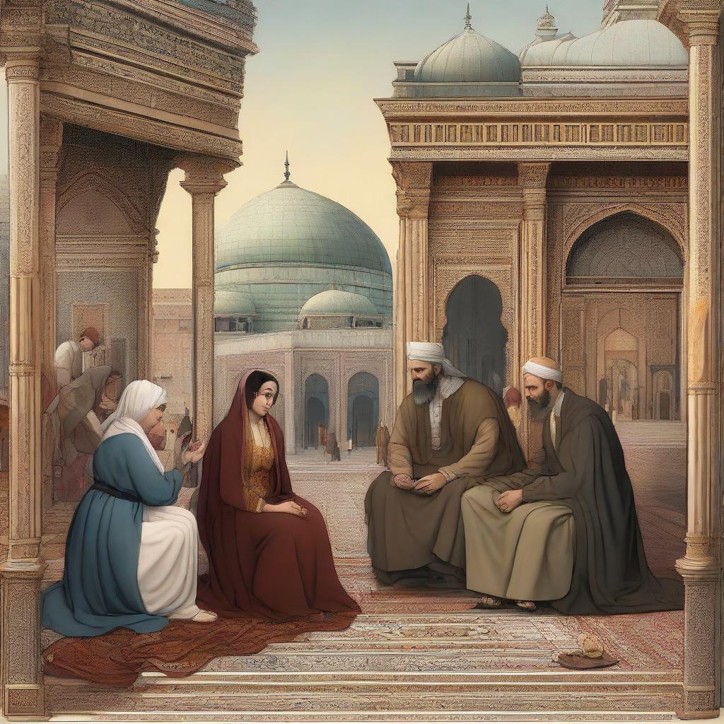 A 2D artistic representation of a heartbroken lover in an Ottoman Empire setting, complete with people engaged in normal activities. Include richly detailed Ottoman art and architecture in the background to reflect the era.