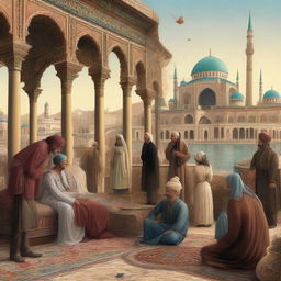 A 2D artistic representation of a heartbroken lover in an Ottoman Empire setting, complete with people engaged in normal activities. Include richly detailed Ottoman art and architecture in the background to reflect the era.