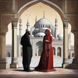 A 2D art piece depicting a heartbroken lover within the confines of the magnificent Ottoman Empire. Highlight elements of distinctive Ottoman art and architecture in the background to capture the essence of the era.