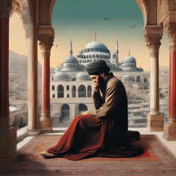 A 2D art piece depicting a heartbroken lover within the confines of the magnificent Ottoman Empire. Highlight elements of distinctive Ottoman art and architecture in the background to capture the essence of the era.