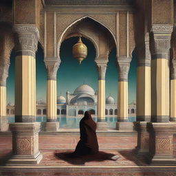 A 2D art piece depicting a heartbroken lover within the confines of the magnificent Ottoman Empire. Highlight elements of distinctive Ottoman art and architecture in the background to capture the essence of the era.