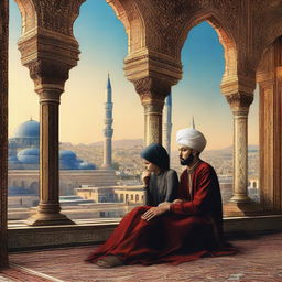 A 2D art piece depicting a heartbroken lover within the confines of the magnificent Ottoman Empire. Highlight elements of distinctive Ottoman art and architecture in the background to capture the essence of the era.