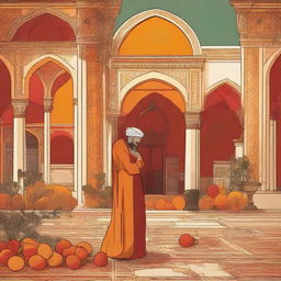 2D art of a heartbroken lover set in the Ottoman Empire era with a color palette of oranges, reds, and yellows. The image should incorporate prominent Ottoman art and architecture.