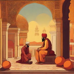 2D art of a heartbroken lover set in the Ottoman Empire era with a color palette of oranges, reds, and yellows. The image should incorporate prominent Ottoman art and architecture.