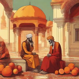 2D art of a heartbroken lover set in the Ottoman Empire era with a color palette of oranges, reds, and yellows. The image should incorporate prominent Ottoman art and architecture.