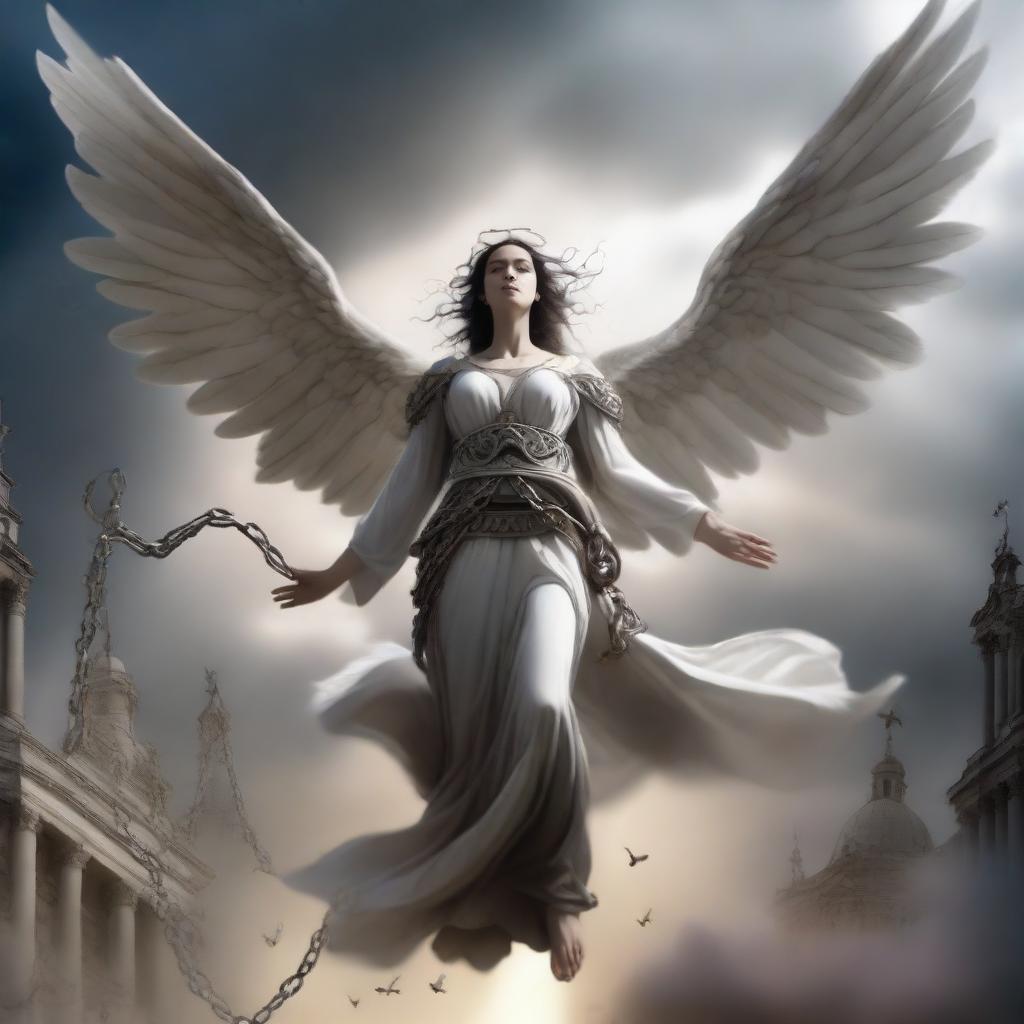 A high-quality digital art piece depicting an angel, mid-flight, breaking free from its chains amidst the war between celestial beings and infernal entities