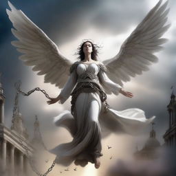 A high-quality digital art piece depicting an angel, mid-flight, breaking free from its chains amidst the war between celestial beings and infernal entities