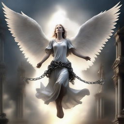 A high-quality digital art piece depicting an angel, mid-flight, breaking free from its chains amidst the war between celestial beings and infernal entities