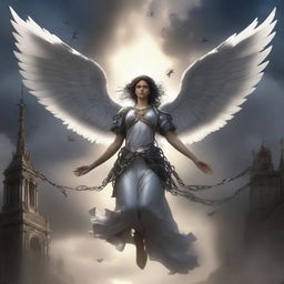 A high-quality digital art piece depicting an angel, mid-flight, breaking free from its chains amidst the war between celestial beings and infernal entities