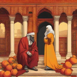 2D art of a heartbroken lover set in the Ottoman Empire era with a color palette of oranges, reds, and yellows. The image should incorporate prominent Ottoman art and architecture.