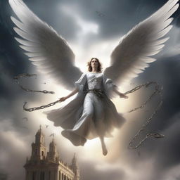 A high-quality digital art piece depicting an angel, mid-flight, breaking free from its chains amidst the war between celestial beings and infernal entities