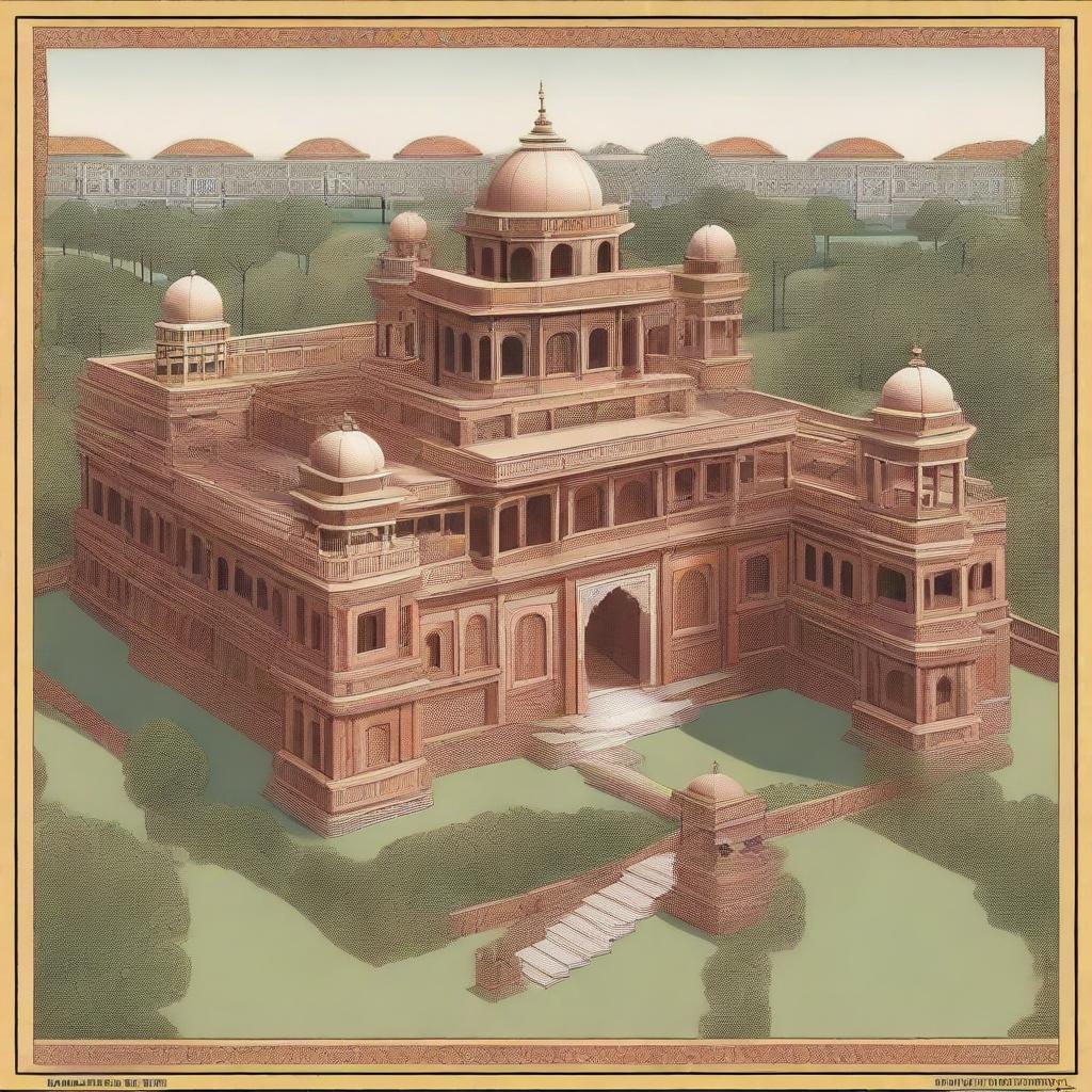 A PNG image showing the intricate architecture of the Mughal Empire era, featuring ornate forts, mausoleums, and palaces adorned with beautiful carvings and surrounded by lush gardens.