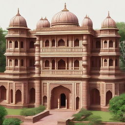 A PNG image showing the intricate architecture of the Mughal Empire era, featuring ornate forts, mausoleums, and palaces adorned with beautiful carvings and surrounded by lush gardens.