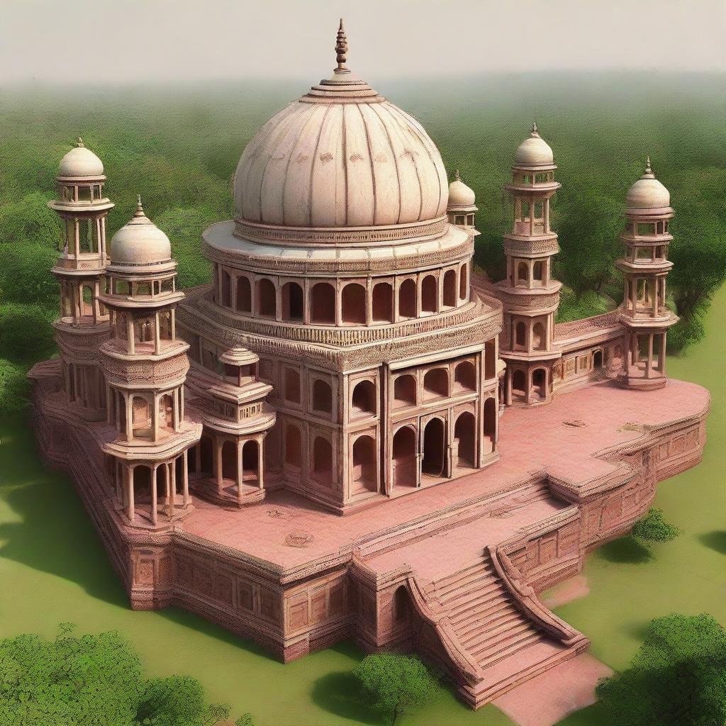 A PNG image showing the intricate architecture of the Mughal Empire era, featuring ornate forts, mausoleums, and palaces adorned with beautiful carvings and surrounded by lush gardens.