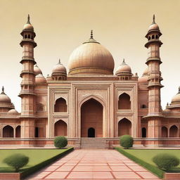 A PNG image showing the intricate architecture of the Mughal Empire era, featuring ornate forts, mausoleums, and palaces adorned with beautiful carvings and surrounded by lush gardens.