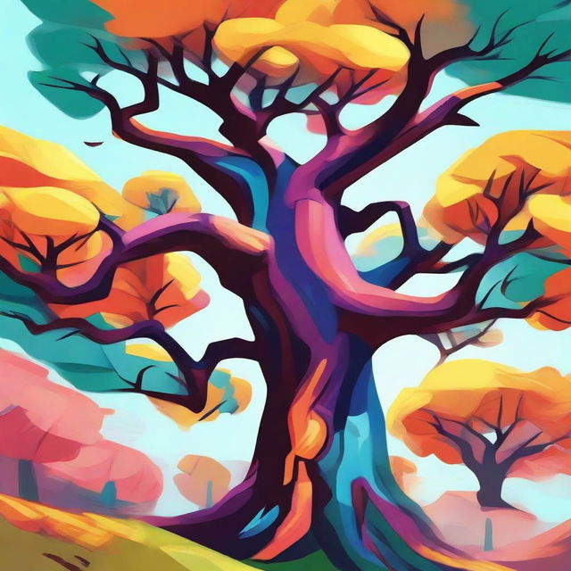 A stylized, artistic representation of a tree for use in a video game, with vibrant colors and sharp, striking features.