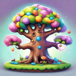 A whimsical, fantasy-style tree for a cute video game, filled with bright colours, sparkling effects and playful features.