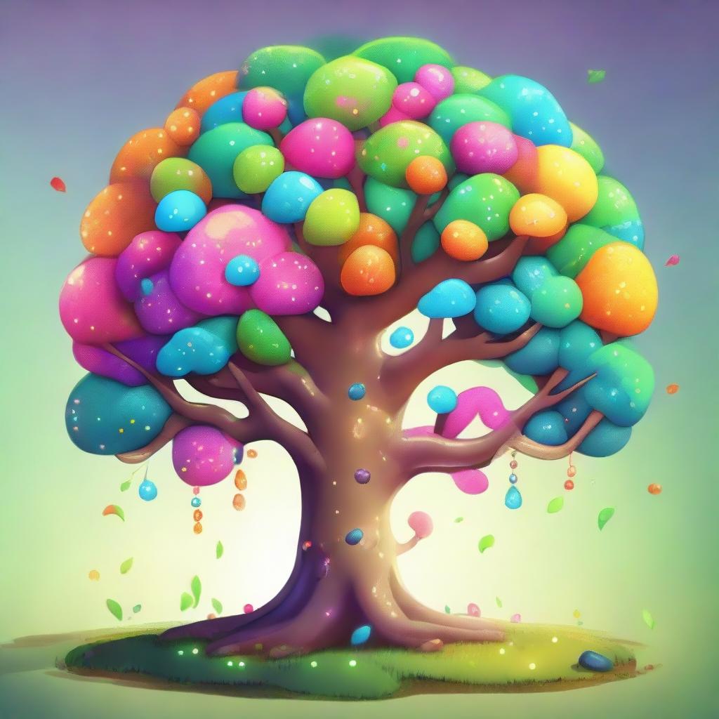 A whimsical, fantasy-style tree for a cute video game, filled with bright colours, sparkling effects and playful features.