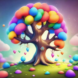 A whimsical, fantasy-style tree for a cute video game, filled with bright colours, sparkling effects and playful features.