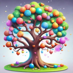 A whimsical, fantasy-style tree for a cute video game, filled with bright colours, sparkling effects and playful features.